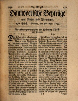 Hannoverische Beyträge zum Nutzen und Vergnügen (Hannoversche Anzeigen) Montag 9. April 1759