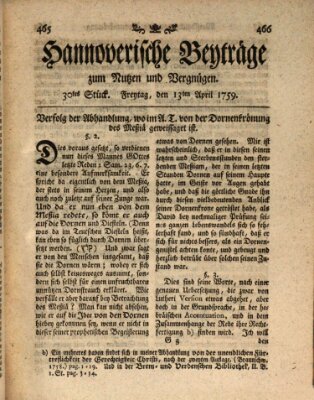 Hannoverische Beyträge zum Nutzen und Vergnügen (Hannoversche Anzeigen) Freitag 13. April 1759