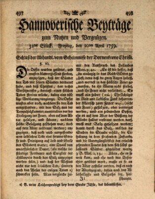 Hannoverische Beyträge zum Nutzen und Vergnügen (Hannoversche Anzeigen) Freitag 20. April 1759