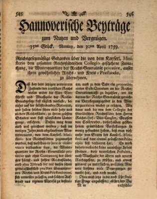 Hannoverische Beyträge zum Nutzen und Vergnügen (Hannoversche Anzeigen) Montag 30. April 1759