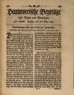 Hannoverische Beyträge zum Nutzen und Vergnügen (Hannoversche Anzeigen) Freitag 4. Mai 1759