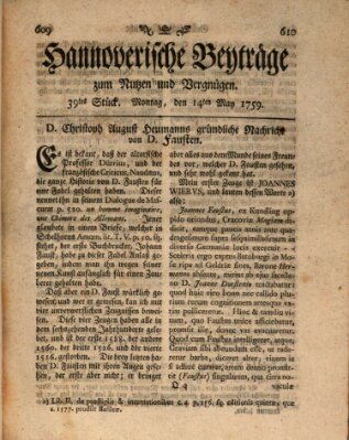 Hannoverische Beyträge zum Nutzen und Vergnügen (Hannoversche Anzeigen) Montag 14. Mai 1759