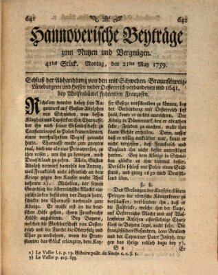 Hannoverische Beyträge zum Nutzen und Vergnügen (Hannoversche Anzeigen) Montag 21. Mai 1759