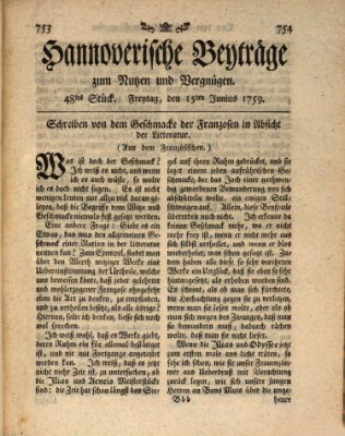 Hannoverische Beyträge zum Nutzen und Vergnügen (Hannoversche Anzeigen) Freitag 15. Juni 1759