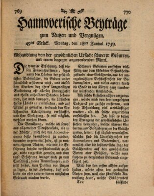 Hannoverische Beyträge zum Nutzen und Vergnügen (Hannoversche Anzeigen) Montag 18. Juni 1759