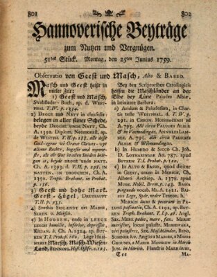 Hannoverische Beyträge zum Nutzen und Vergnügen (Hannoversche Anzeigen) Montag 25. Juni 1759