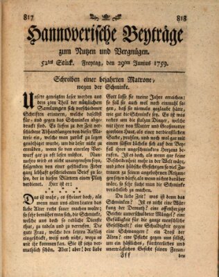 Hannoverische Beyträge zum Nutzen und Vergnügen (Hannoversche Anzeigen) Freitag 29. Juni 1759