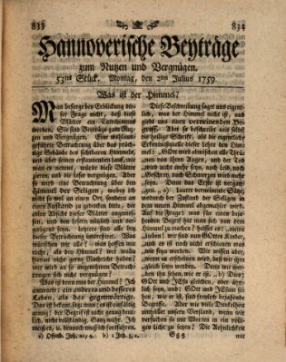 Hannoverische Beyträge zum Nutzen und Vergnügen (Hannoversche Anzeigen) Montag 2. Juli 1759