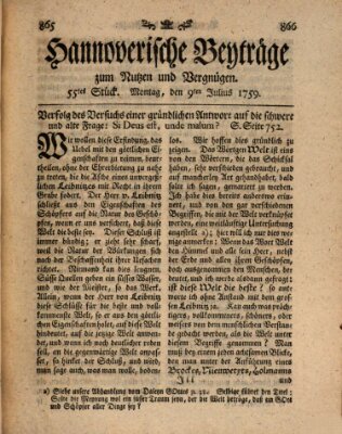 Hannoverische Beyträge zum Nutzen und Vergnügen (Hannoversche Anzeigen) Montag 9. Juli 1759