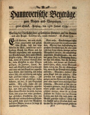 Hannoverische Beyträge zum Nutzen und Vergnügen (Hannoversche Anzeigen) Freitag 13. Juli 1759