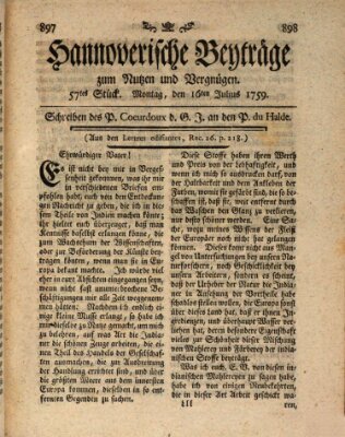 Hannoverische Beyträge zum Nutzen und Vergnügen (Hannoversche Anzeigen) Montag 16. Juli 1759