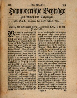 Hannoverische Beyträge zum Nutzen und Vergnügen (Hannoversche Anzeigen) Freitag 20. Juli 1759