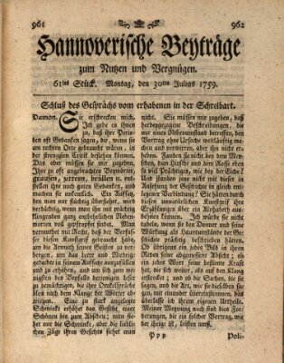 Hannoverische Beyträge zum Nutzen und Vergnügen (Hannoversche Anzeigen) Montag 30. Juli 1759