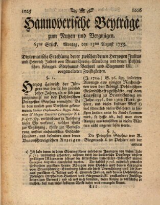 Hannoverische Beyträge zum Nutzen und Vergnügen (Hannoversche Anzeigen) Montag 13. August 1759