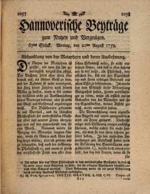 Hannoverische Beyträge zum Nutzen und Vergnügen (Hannoversche Anzeigen) Montag 20. August 1759