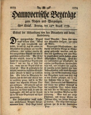 Hannoverische Beyträge zum Nutzen und Vergnügen (Hannoversche Anzeigen) Freitag 24. August 1759