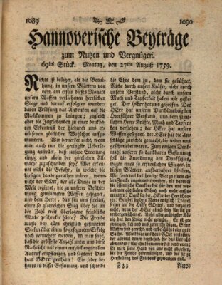 Hannoverische Beyträge zum Nutzen und Vergnügen (Hannoversche Anzeigen) Montag 27. August 1759