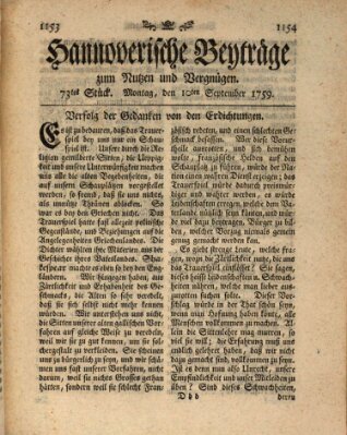 Hannoverische Beyträge zum Nutzen und Vergnügen (Hannoversche Anzeigen) Montag 10. September 1759