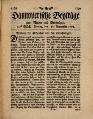 Hannoverische Beyträge zum Nutzen und Vergnügen (Hannoversche Anzeigen) Freitag 14. September 1759