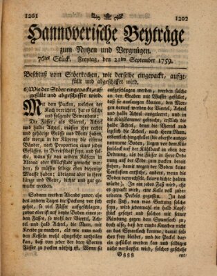 Hannoverische Beyträge zum Nutzen und Vergnügen (Hannoversche Anzeigen) Freitag 21. September 1759