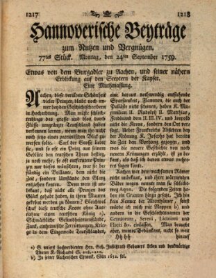 Hannoverische Beyträge zum Nutzen und Vergnügen (Hannoversche Anzeigen) Montag 24. September 1759