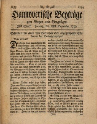 Hannoverische Beyträge zum Nutzen und Vergnügen (Hannoversche Anzeigen) Freitag 28. September 1759