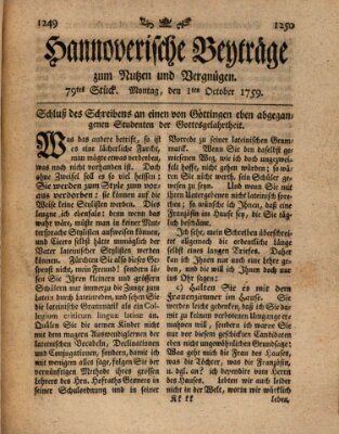 Hannoverische Beyträge zum Nutzen und Vergnügen (Hannoversche Anzeigen) Monday 1. October 1759