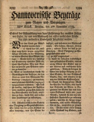 Hannoverische Beyträge zum Nutzen und Vergnügen (Hannoversche Anzeigen) Freitag 2. November 1759