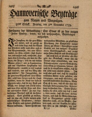 Hannoverische Beyträge zum Nutzen und Vergnügen (Hannoversche Anzeigen) Freitag 9. November 1759