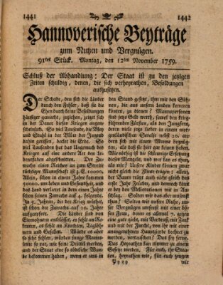 Hannoverische Beyträge zum Nutzen und Vergnügen (Hannoversche Anzeigen) Montag 12. November 1759