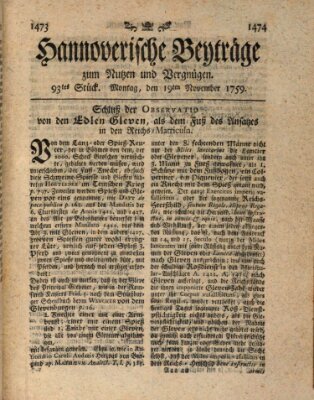 Hannoverische Beyträge zum Nutzen und Vergnügen (Hannoversche Anzeigen) Montag 19. November 1759