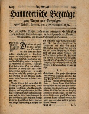 Hannoverische Beyträge zum Nutzen und Vergnügen (Hannoversche Anzeigen) Freitag 23. November 1759