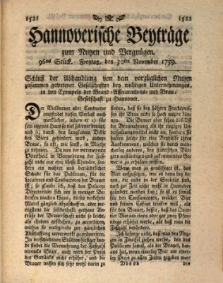 Hannoverische Beyträge zum Nutzen und Vergnügen (Hannoversche Anzeigen) Freitag 30. November 1759