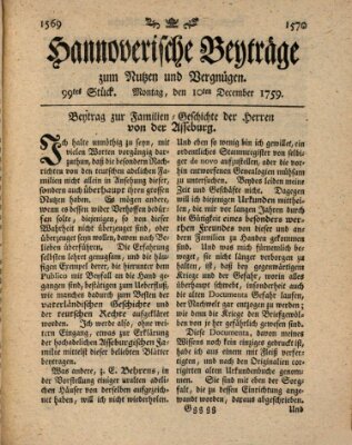 Hannoverische Beyträge zum Nutzen und Vergnügen (Hannoversche Anzeigen) Montag 10. Dezember 1759