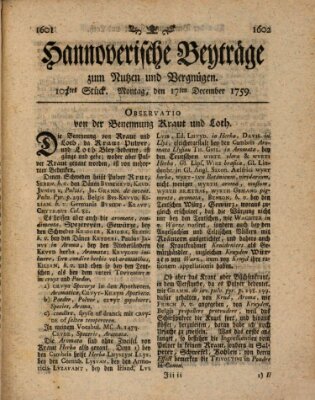 Hannoverische Beyträge zum Nutzen und Vergnügen (Hannoversche Anzeigen) Montag 17. Dezember 1759