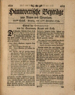 Hannoverische Beyträge zum Nutzen und Vergnügen (Hannoversche Anzeigen) Freitag 21. Dezember 1759