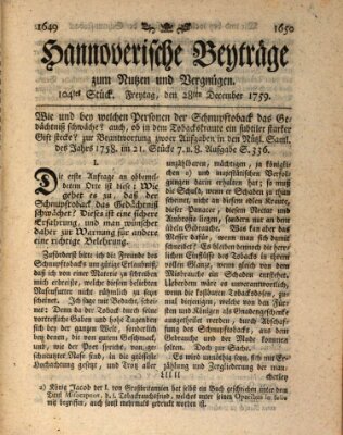 Hannoverische Beyträge zum Nutzen und Vergnügen (Hannoversche Anzeigen) Freitag 28. Dezember 1759