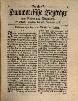 Hannoverische Beyträge zum Nutzen und Vergnügen (Hannoversche Anzeigen) Freitag 4. Januar 1760