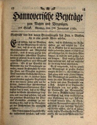 Hannoverische Beyträge zum Nutzen und Vergnügen (Hannoversche Anzeigen) Montag 7. Januar 1760