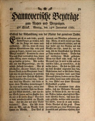 Hannoverische Beyträge zum Nutzen und Vergnügen (Hannoversche Anzeigen) Montag 14. Januar 1760