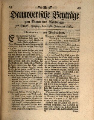 Hannoverische Beyträge zum Nutzen und Vergnügen (Hannoversche Anzeigen) Freitag 18. Januar 1760