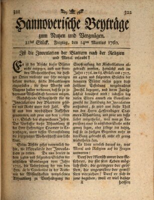 Hannoverische Beyträge zum Nutzen und Vergnügen (Hannoversche Anzeigen) Freitag 14. März 1760