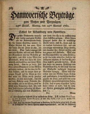 Hannoverische Beyträge zum Nutzen und Vergnügen (Hannoversche Anzeigen) Montag 24. März 1760