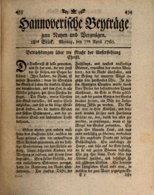 Hannoverische Beyträge zum Nutzen und Vergnügen (Hannoversche Anzeigen) Montag 7. April 1760