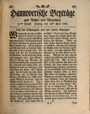 Hannoverische Beyträge zum Nutzen und Vergnügen (Hannoversche Anzeigen) Freitag 18. April 1760