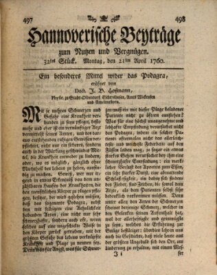 Hannoverische Beyträge zum Nutzen und Vergnügen (Hannoversche Anzeigen) Montag 21. April 1760