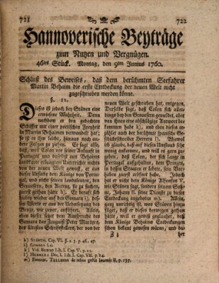 Hannoverische Beyträge zum Nutzen und Vergnügen (Hannoversche Anzeigen) Montag 9. Juni 1760