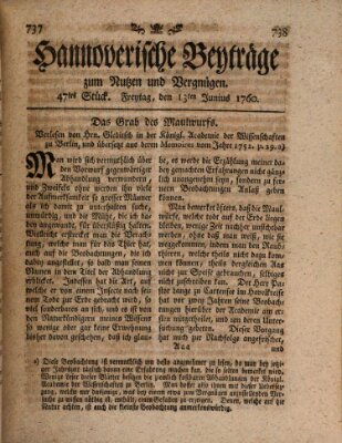 Hannoverische Beyträge zum Nutzen und Vergnügen (Hannoversche Anzeigen) Freitag 13. Juni 1760