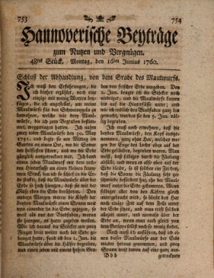 Hannoverische Beyträge zum Nutzen und Vergnügen (Hannoversche Anzeigen) Montag 16. Juni 1760