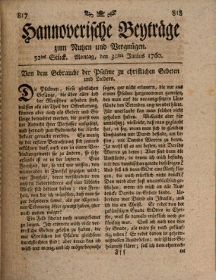 Hannoverische Beyträge zum Nutzen und Vergnügen (Hannoversche Anzeigen) Montag 30. Juni 1760